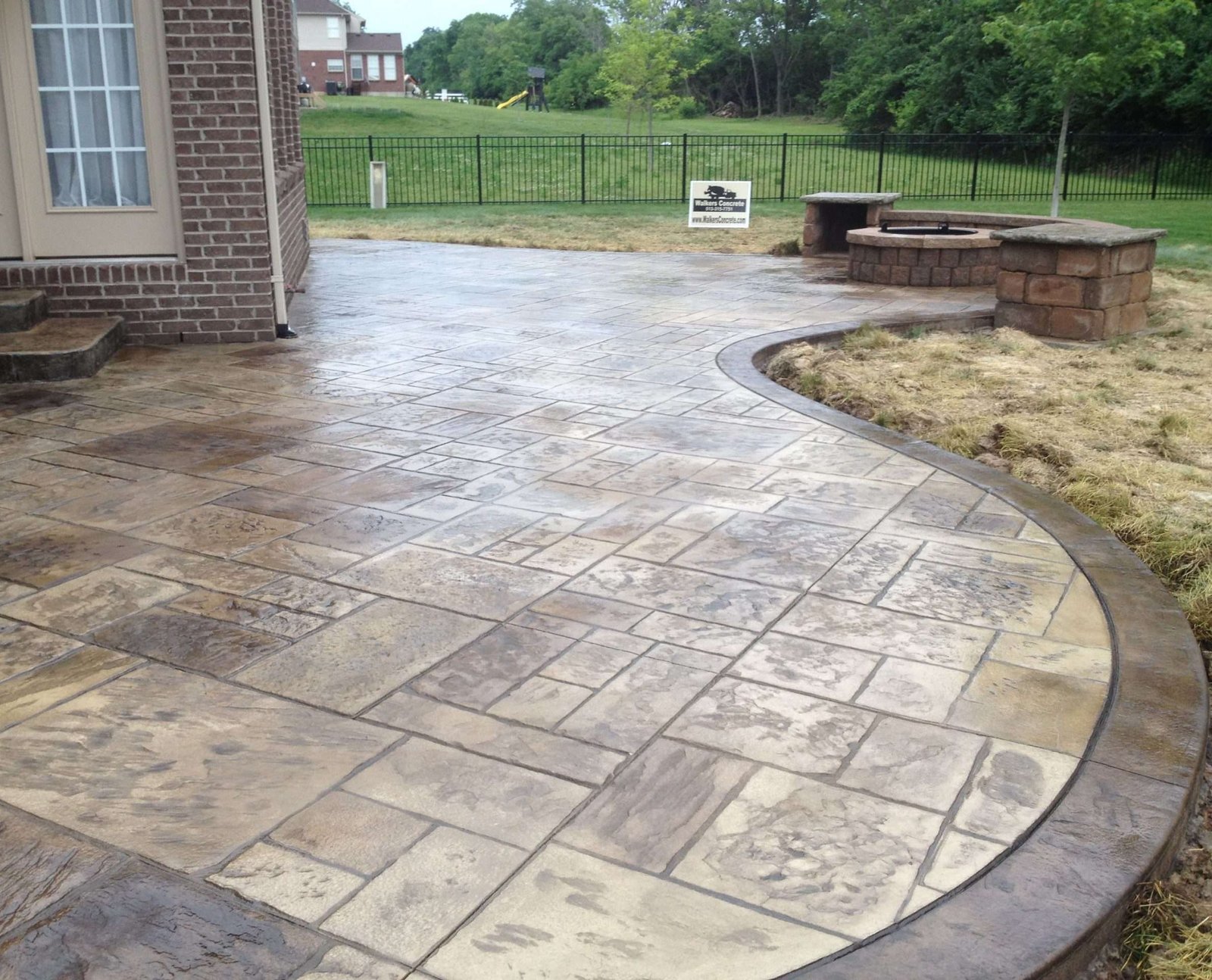 Stamped Concrete Patio With Seating Walls And Fire Pit within sizing 3264 X 2448 - Fence Ideas Site