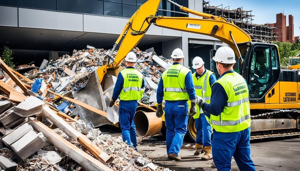 Professional junk removal team clearing construction waste