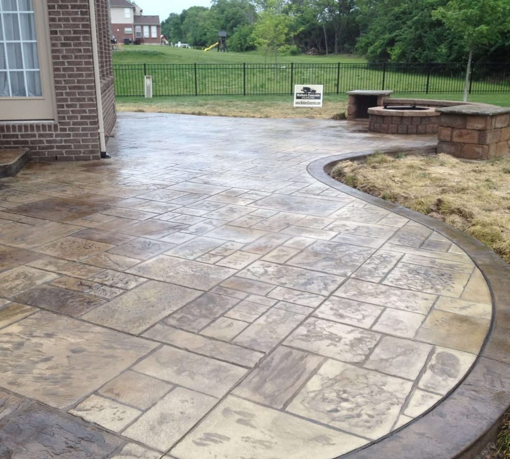 Stamped Concrete Patio With Seating Walls And Fire Pit within sizing 3264 X 2448 - Fence Ideas Site